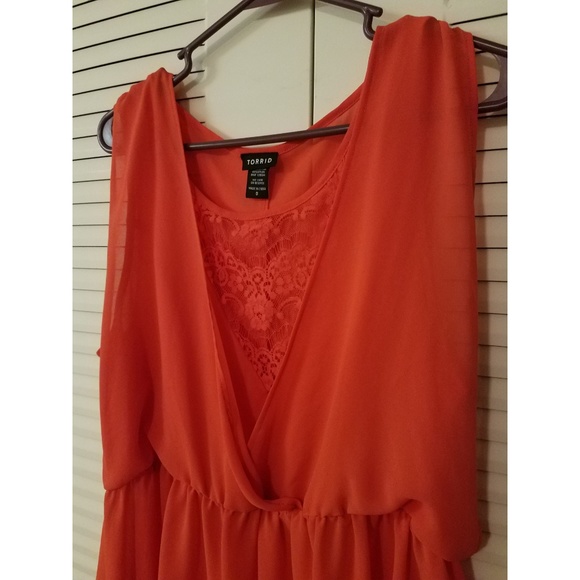 torrid Tops - Torrid Sheer Orange Peplum Lace-Inset Tank